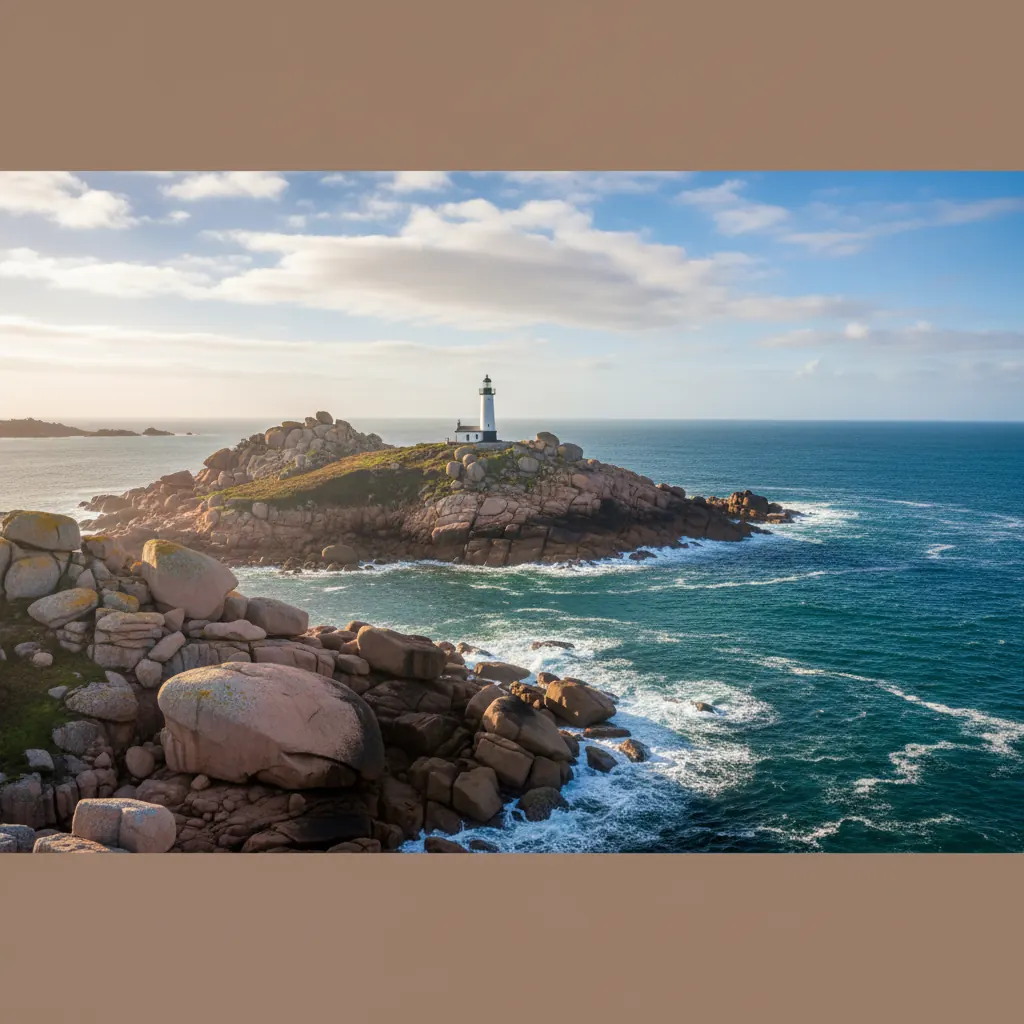 Vue sur le phare du Paon sur la pointe nord de l'île de Bréhat, avec les rochers de granit rose et la mer d'un bleu profond sous un ciel breton.