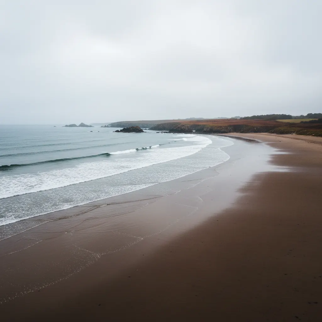 Vue sur la plage de Trestel un jour de pluie, avec les vagues grises et le sable mouillé sous un ciel nuageux breton.