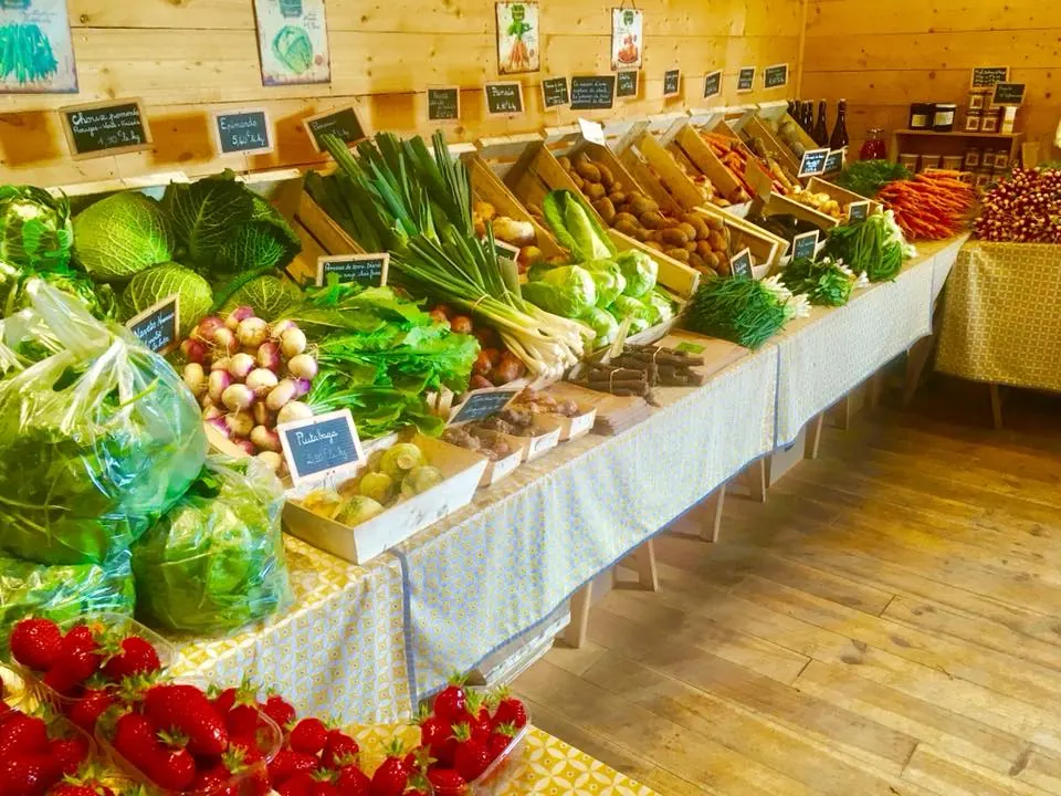 Étal de légumes de saison dans une boutique de ferme en bois : choux, poireaux, radis, carottes et barquettes de fraises.
